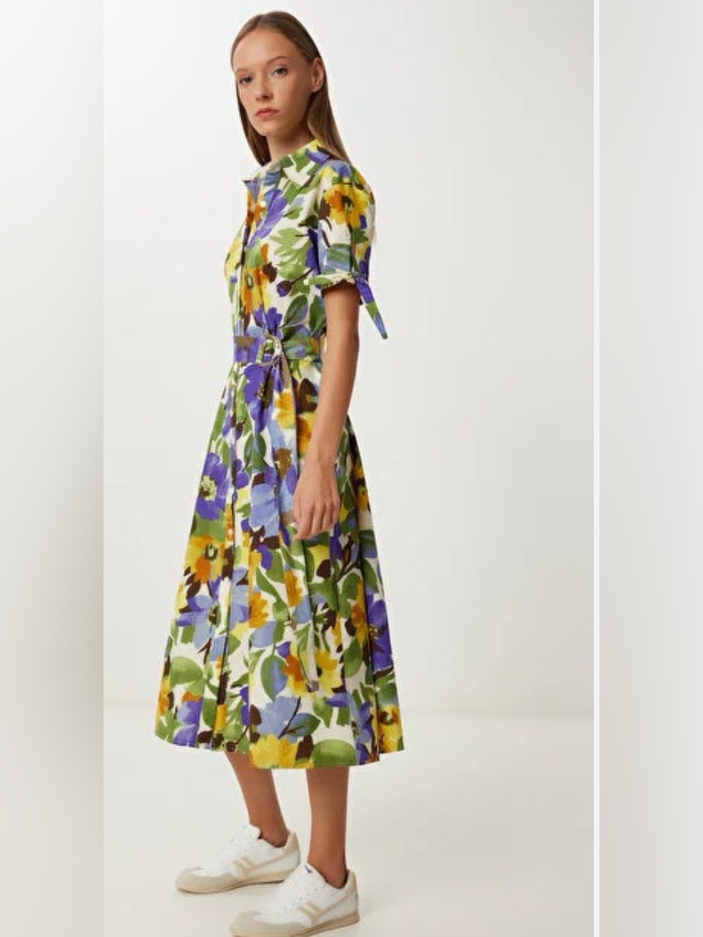 ZARA BELTED FLORAL PRINTED POPLIN MIDI SHIRT DRESS in Crème,Yellow, Blue & Green - Picture 3 of 6